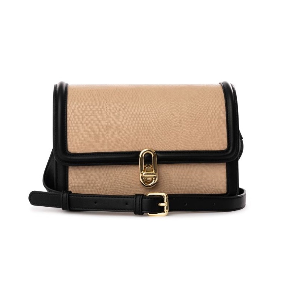 Jules Kae Mia Crossbody Bag in Tan w/ Black Trim & Gold-Tone Hardware NEW